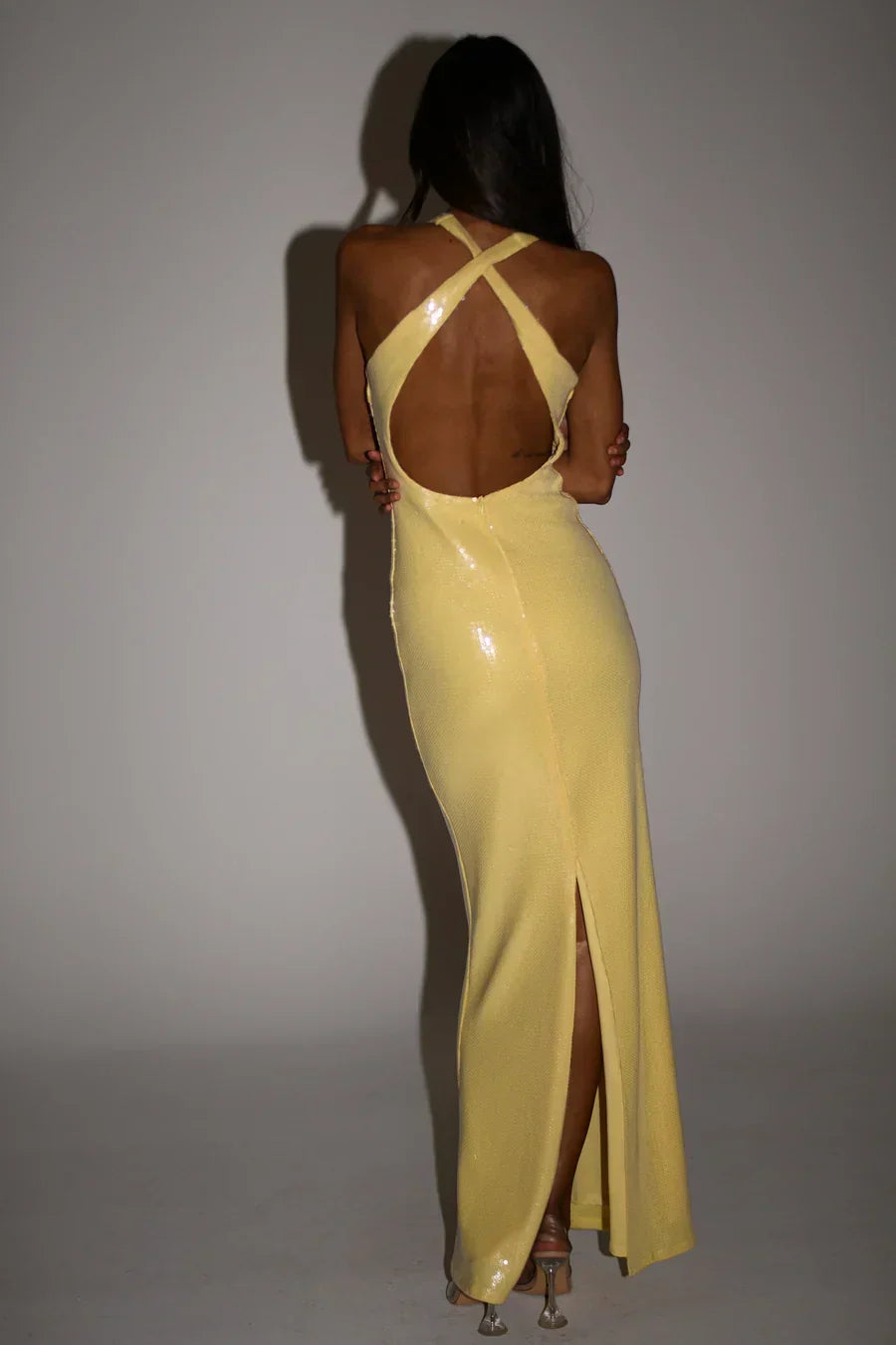 Sequin Scoop Neck Racerback Rosette Side Split Maxi Dress 14