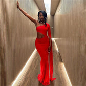 Solid Trend Incline Shoulder Hollow High Street Maxi Dress Sexy Elegant Party Dress