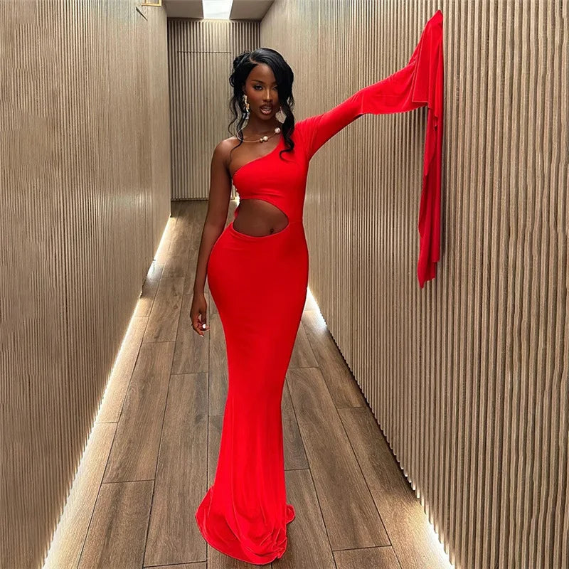 One Shoulder Cut Out Waist Draped Sleeve Mermaid Maxi Dress 2