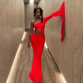 Solid Trend Incline Shoulder Hollow High Street Maxi Dress Sexy Elegant Party Dress