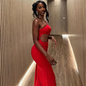 Solid Trend Incline Shoulder Hollow High Street Maxi Dress Sexy Elegant Party Dress