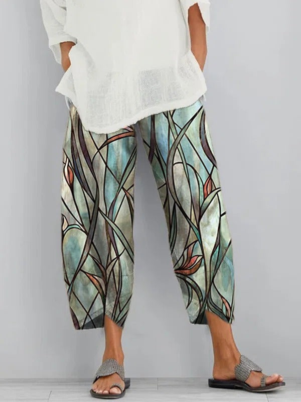 Abstract Stained Glass Print High Waist Cropped Pants