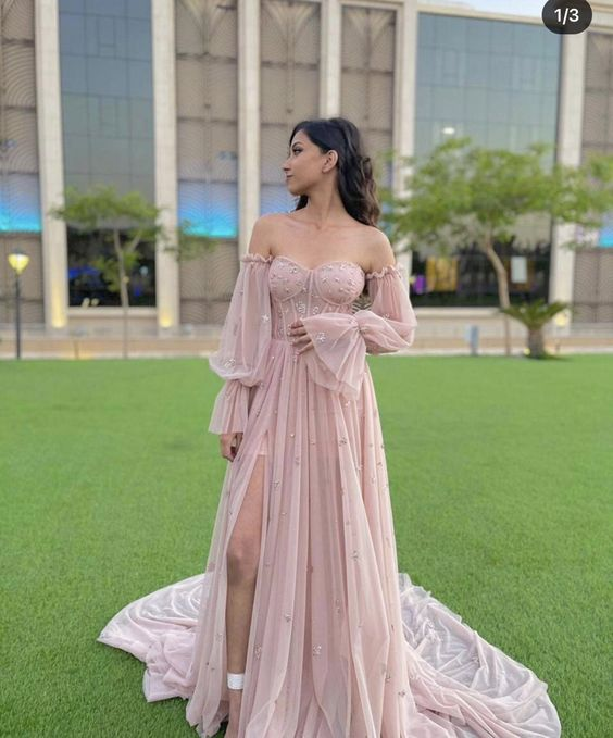 A-line Pink Unique Modest Long Sleeves Formal Prom Dress cc1076