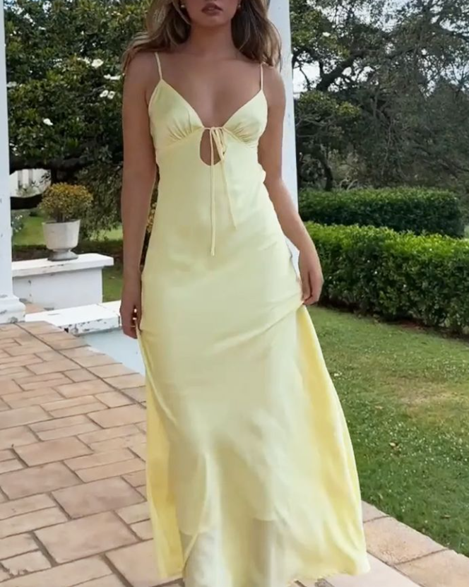 Elegant Yellow Backless Satin Party Dress V Neck Prom Evening Gown cc1815