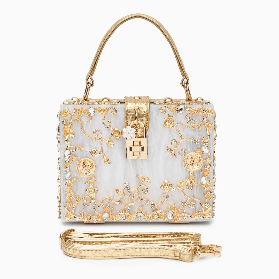 Crystal Embellished Top Handle Box Clutch
