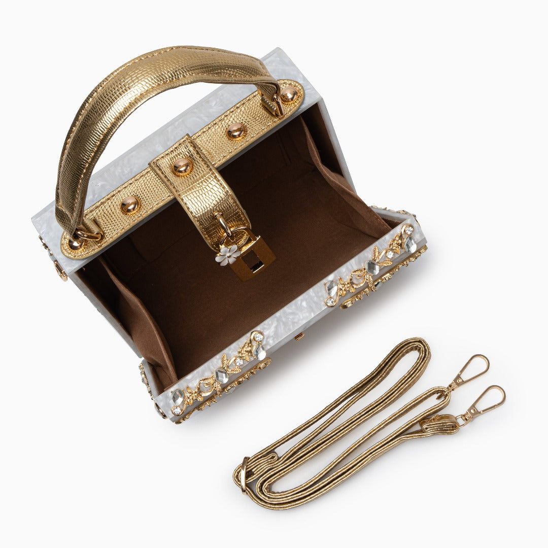 Crystal Embellished Top Handle Box Clutch