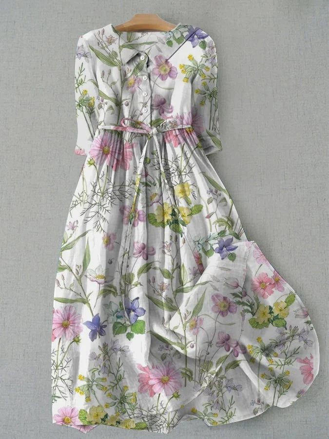 Wildflower Floral Print Collared Half Button Belted Midi Dress