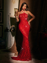 Halterneck Rhinestone Maxi Dress In Red - View 2