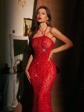 Halterneck Rhinestone Maxi Dress In Red - View 5