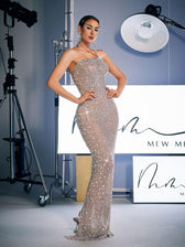 Halterneck Rhinestone Maxi Dress In Silver - View 3
