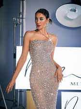 Halterneck Rhinestone Maxi Dress In Silver - View 2