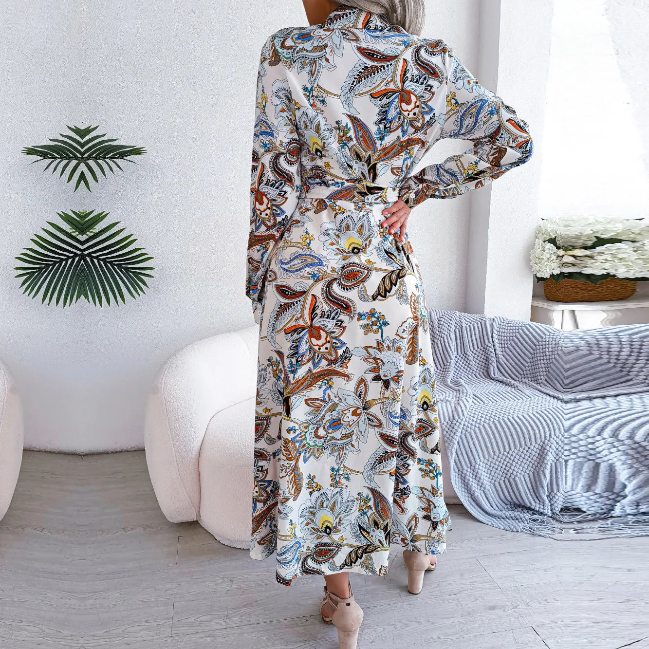 Floral Print Collar Button Front Long Sleeve Belted Shirt Maxi Dress