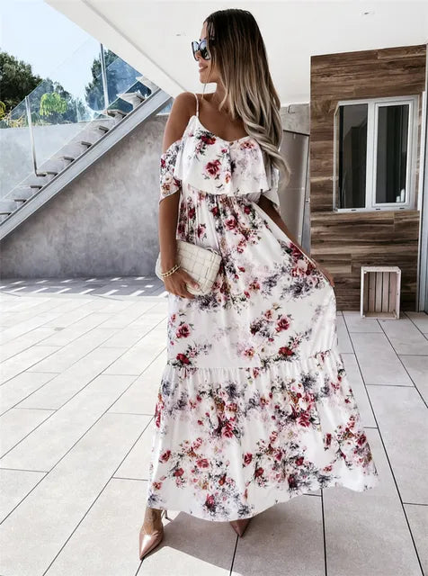 Floral Print Cold Shoulder Ruffle Spaghetti Strap Tiered Maxi Dress