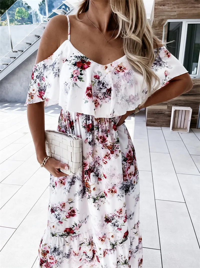 Floral Print Cold Shoulder Ruffle Spaghetti Strap Tiered Maxi Dress 4