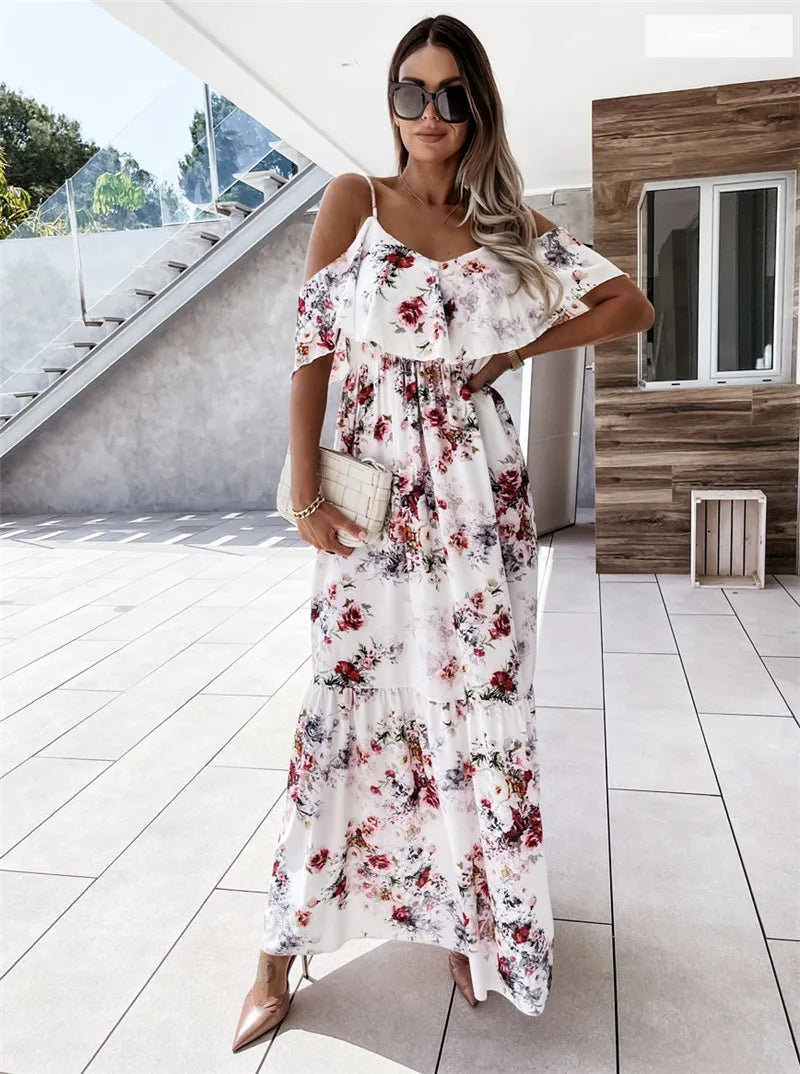 Floral Print Cold Shoulder Ruffle Spaghetti Strap Tiered Maxi Dress 5