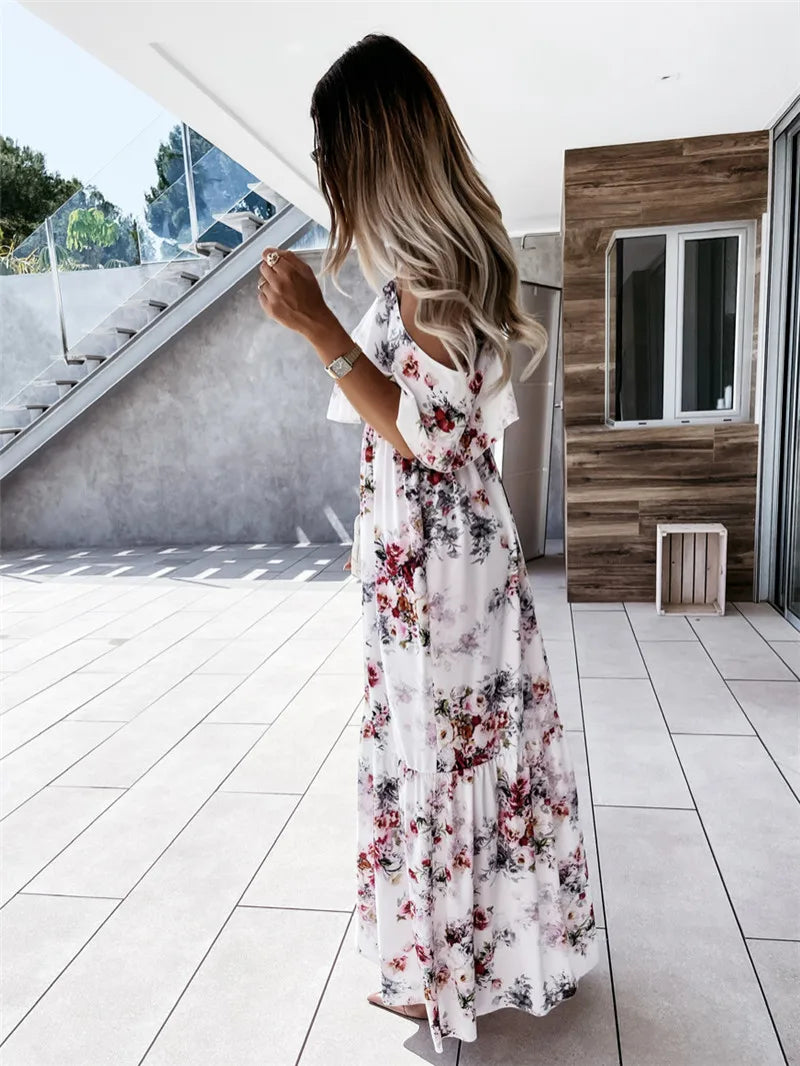 Floral Print Cold Shoulder Ruffle Spaghetti Strap Tiered Maxi Dress 3