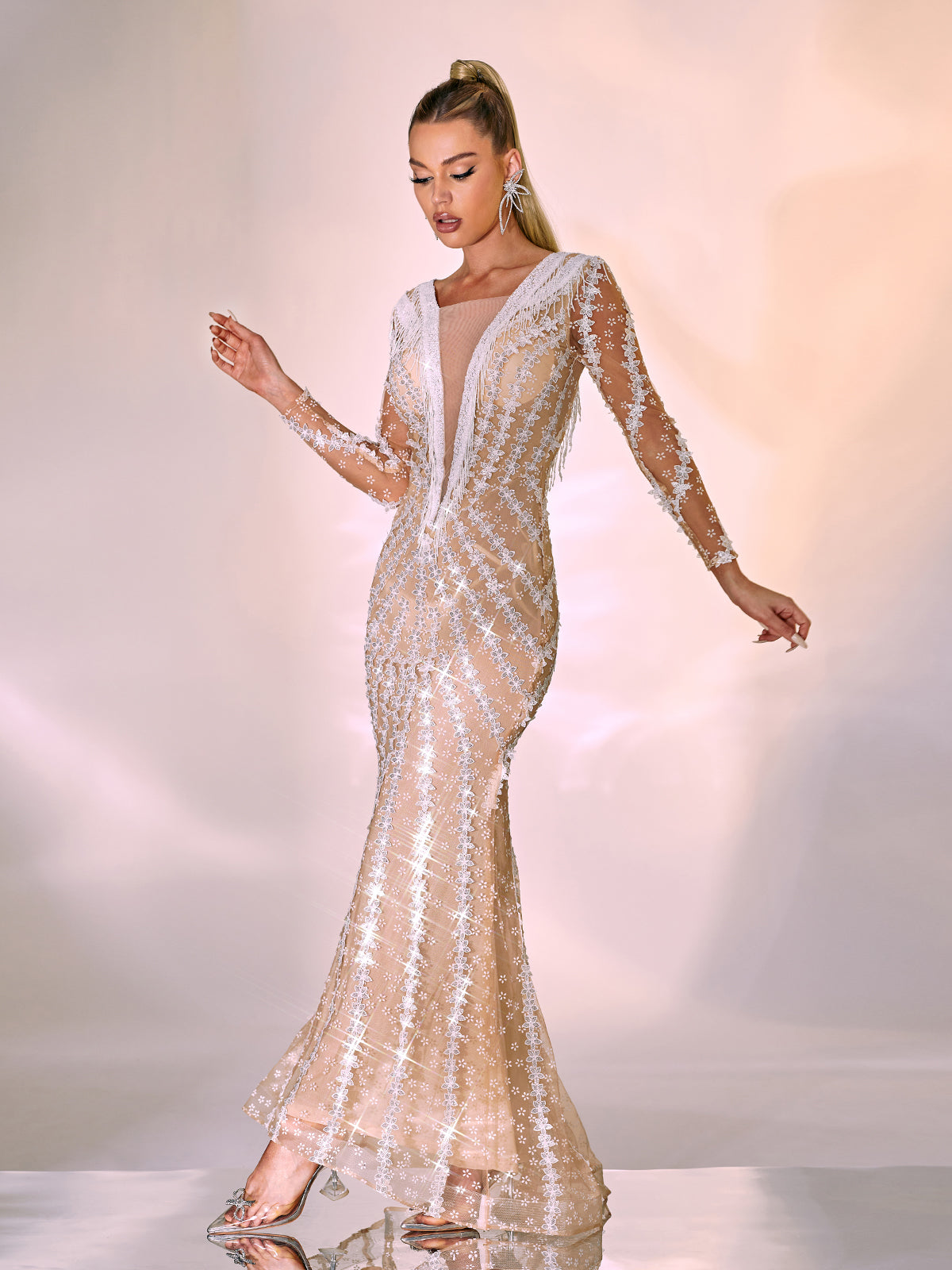 Sheer Mesh Plunge V-Neck Long Sleeve Sequin Beaded Fringe Mermaid Gown