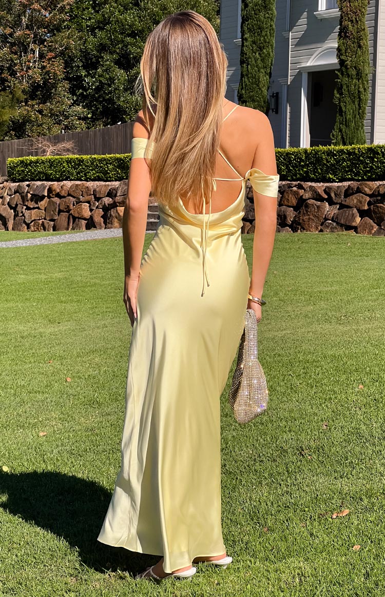 Danni Light Yellow Tie Off Shoulder Formal Maxi Dress