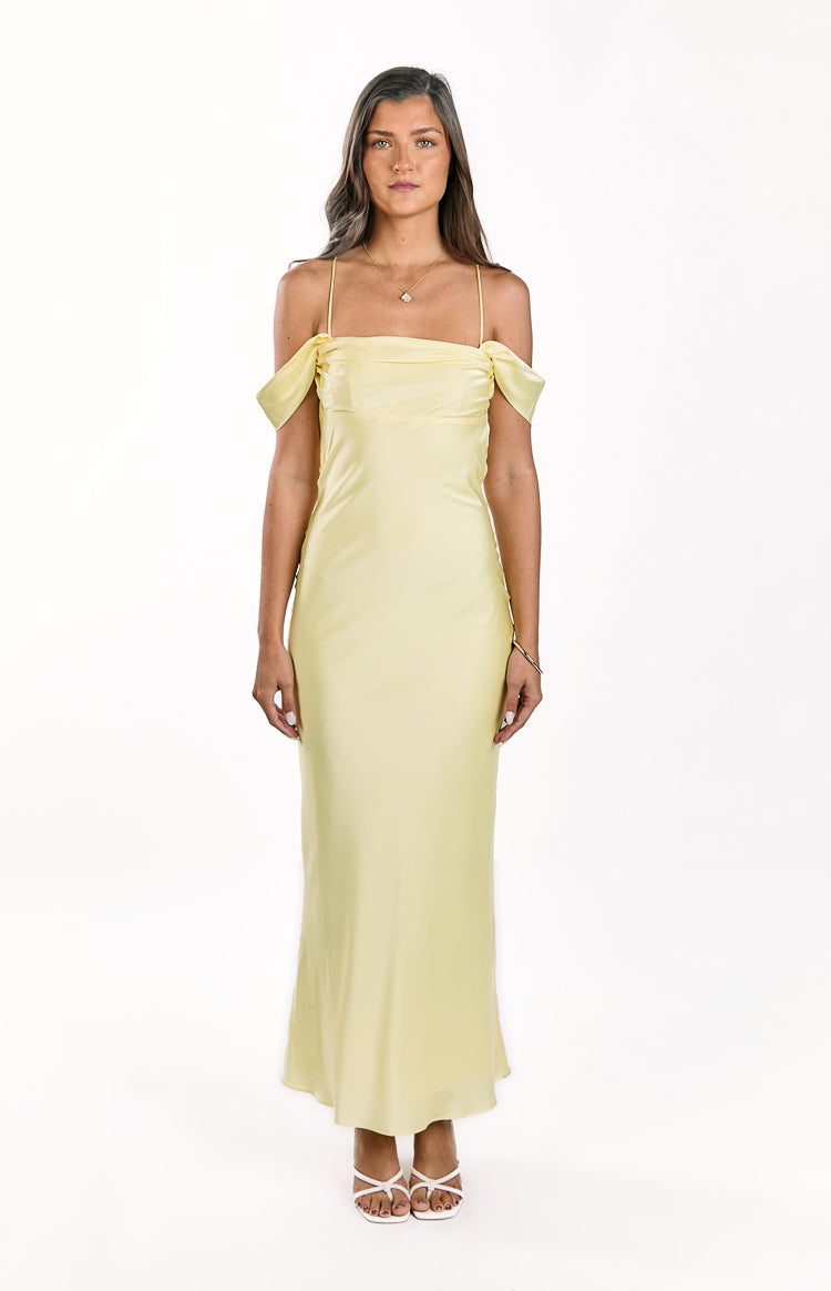 Danni Light Yellow Tie Off Shoulder Formal Maxi Dress