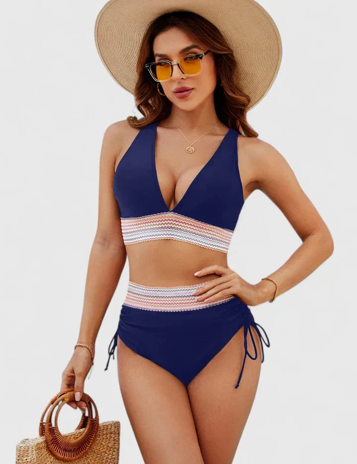 Triangle Top Ruched Chevron Trim High Waist Bikini Set