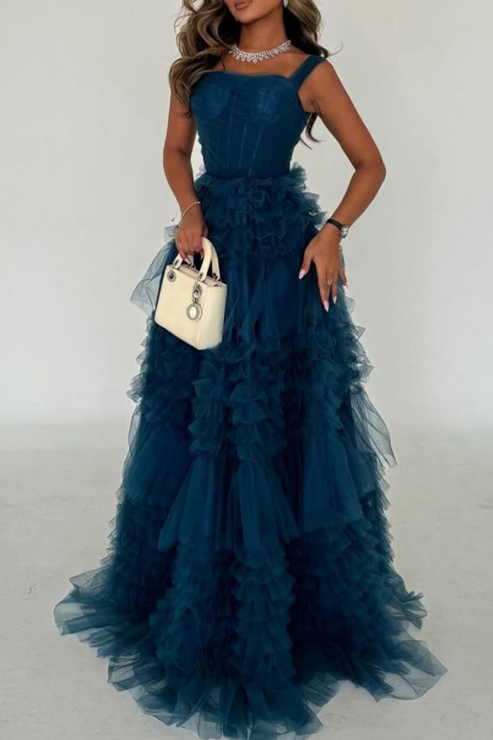 Dark Blue A-Line Straps Long Ruffle Tulle Formal Party Dress