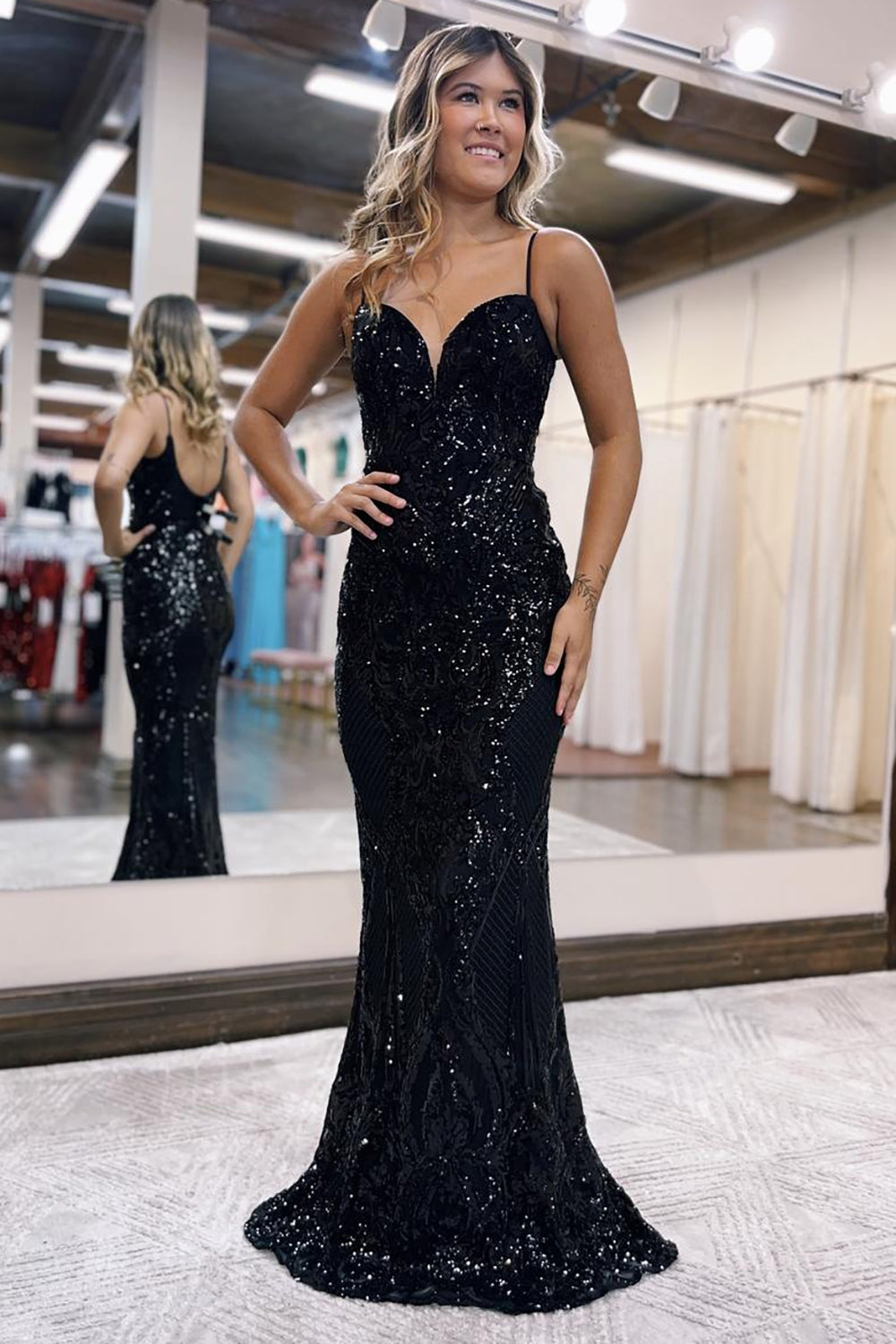 Glitter Sequin Dark Green Mermaid Spaghetti Straps Long Prom Dress