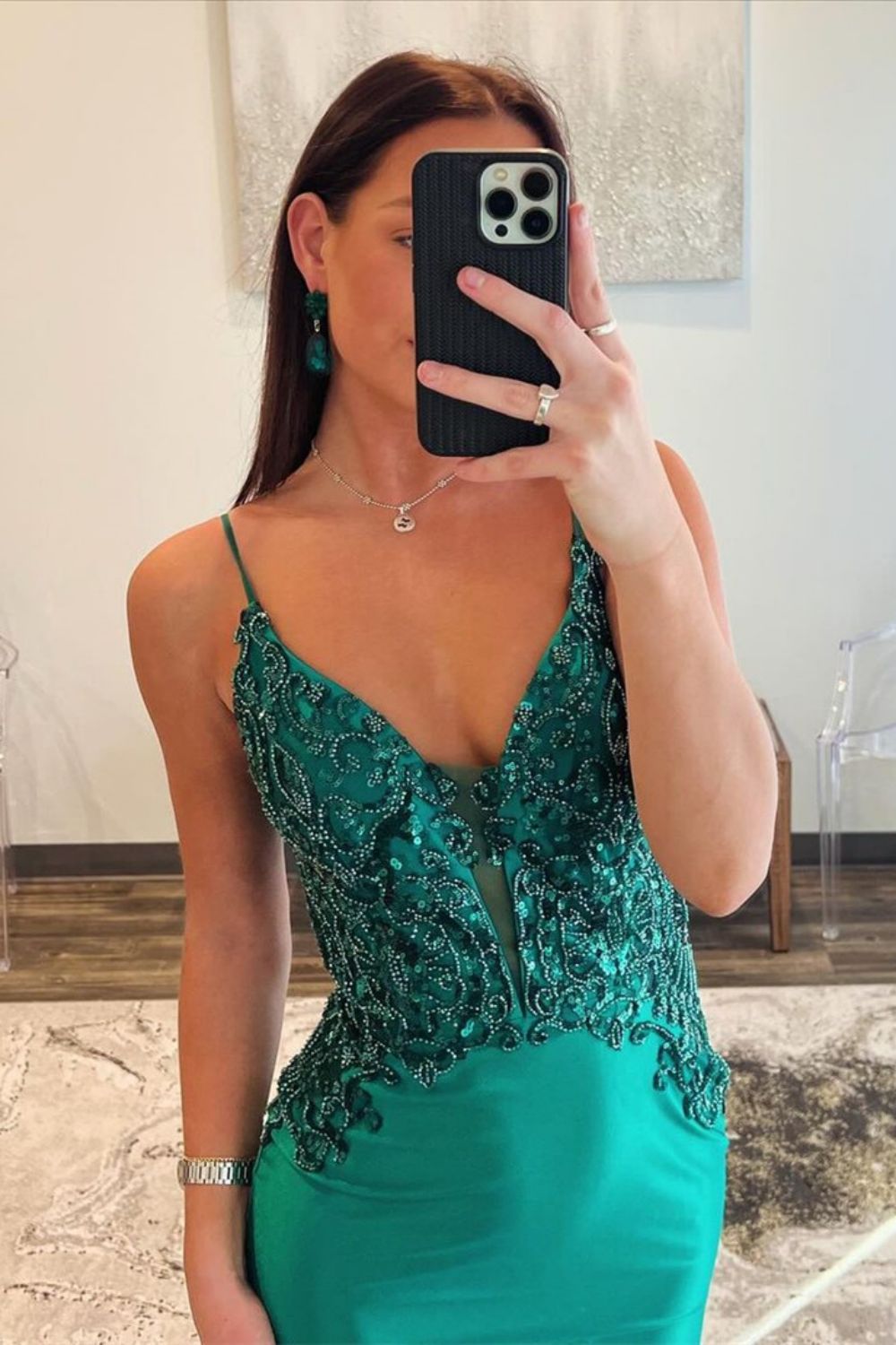Satin Dark Green Spaghetti Straps Mermaid Open Back Prom Dress With Beading