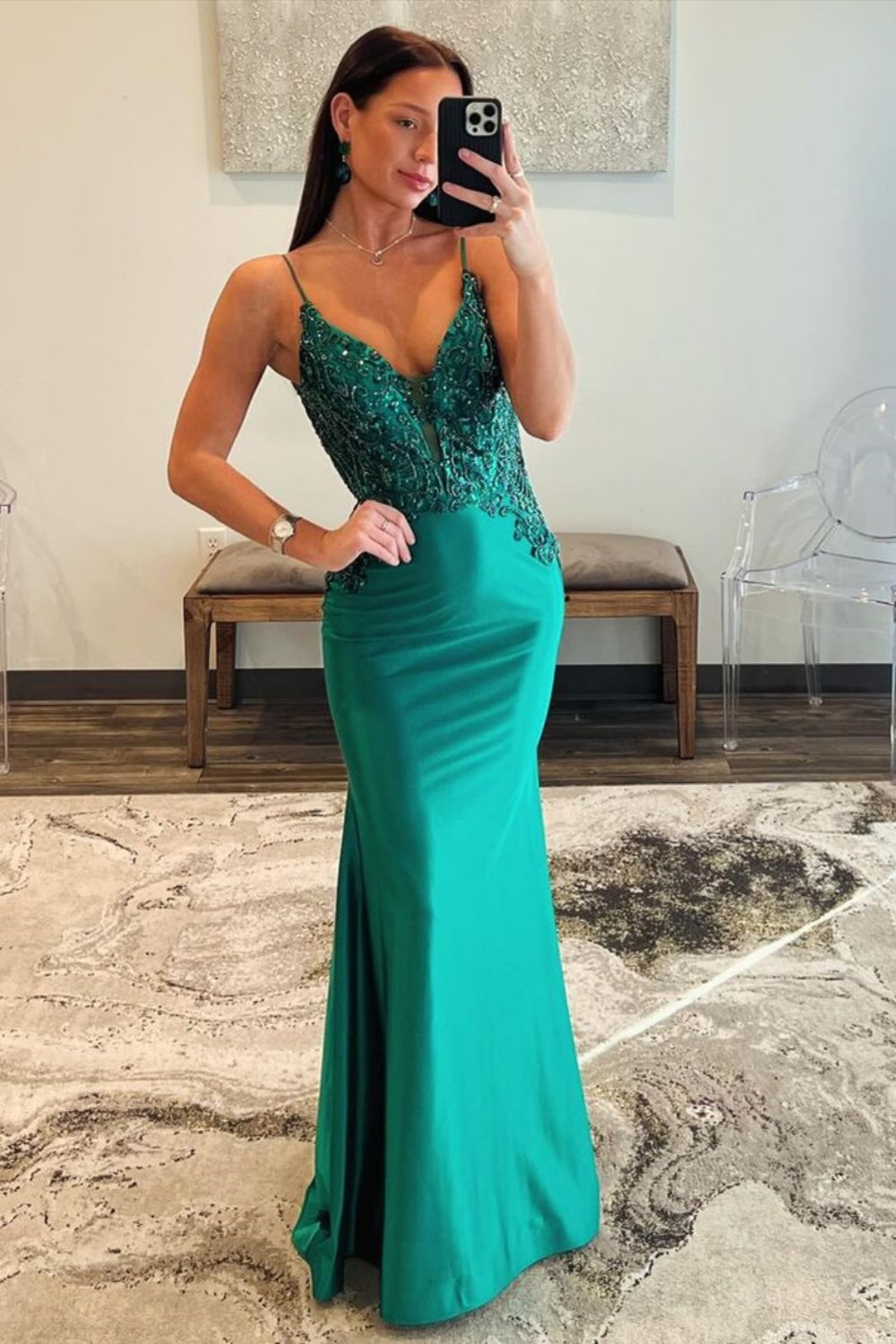 Satin Dark Green Spaghetti Straps Mermaid Open Back Prom Dress With Beading