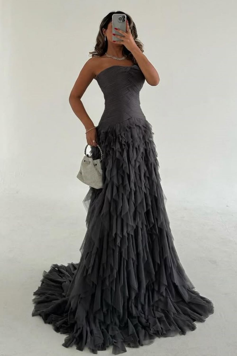 Dark Grey Mermaid Strapless Lace Up Long Ruffle Tulle Formal Party Dress