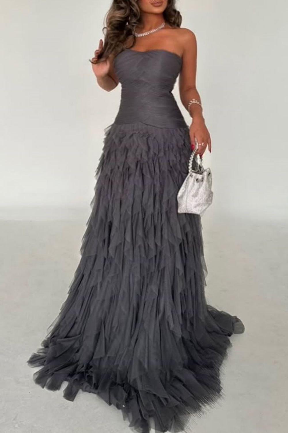 Dark Grey Mermaid Strapless Lace Up Long Ruffle Tulle Formal Party Dress
