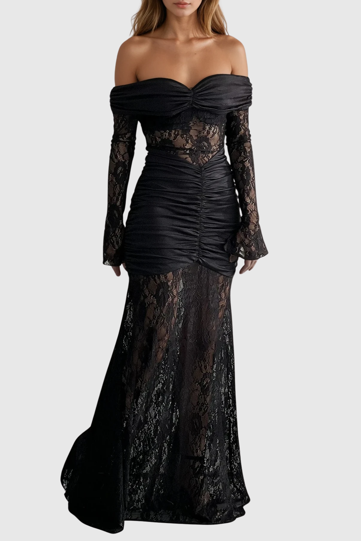 Darlene Ruch Off Shoulder Lace Maxi Dress