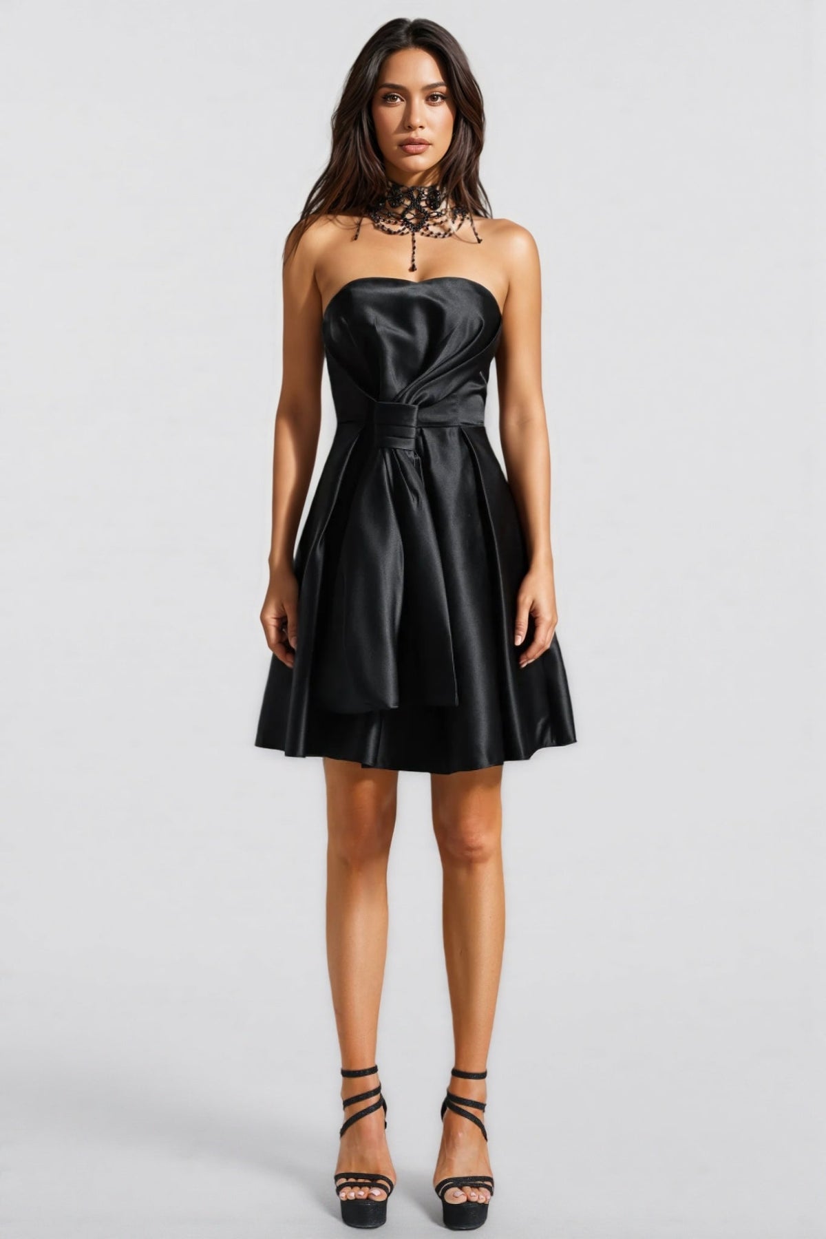 Strapless Satin Pleated Bow Front Fit and Flare Mini Dress