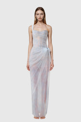 Dechen One Shoulder Corset Mesh Maxi Dress In Blue 3