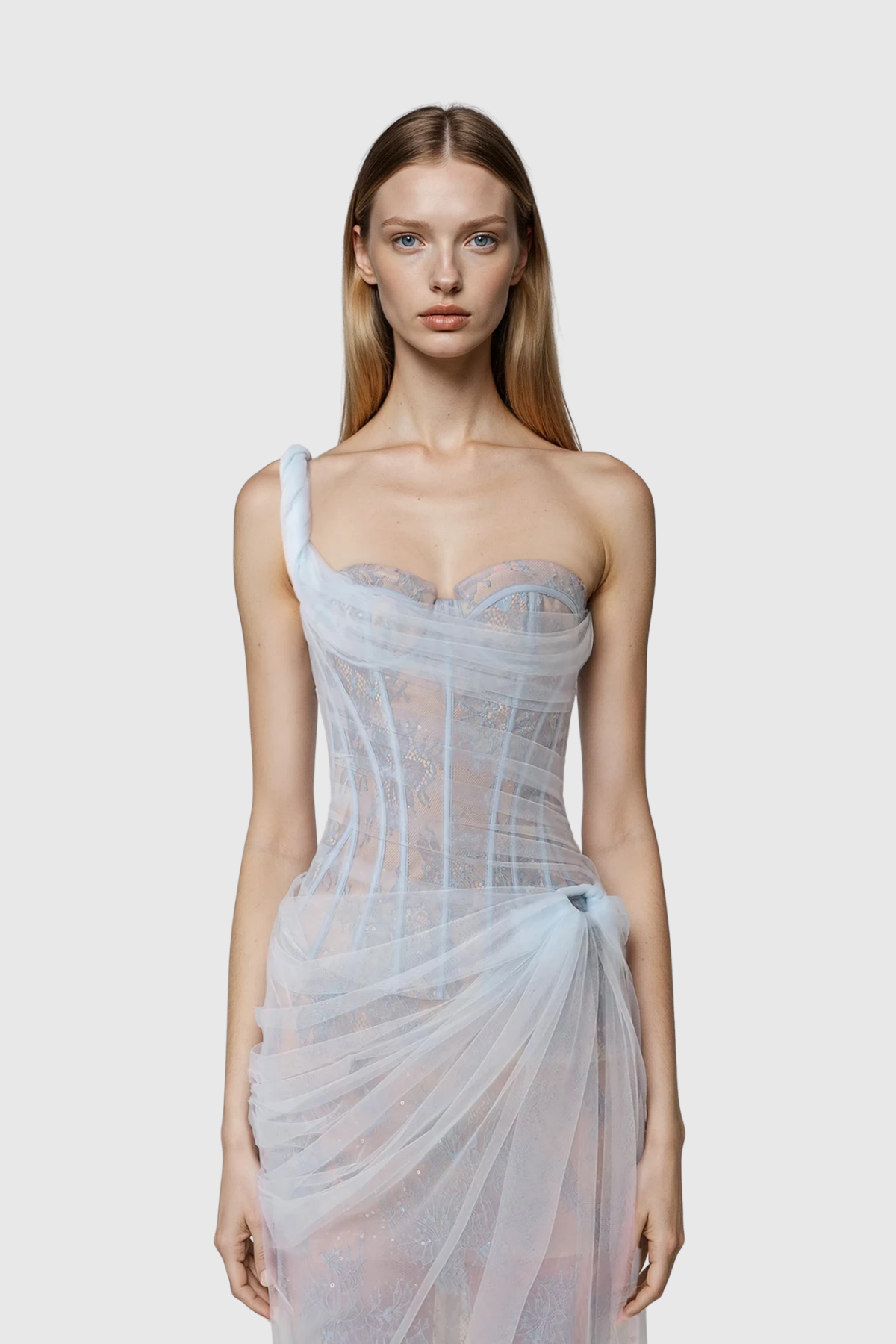 Dechen One Shoulder Corset Mesh Maxi Dress In Blue 2