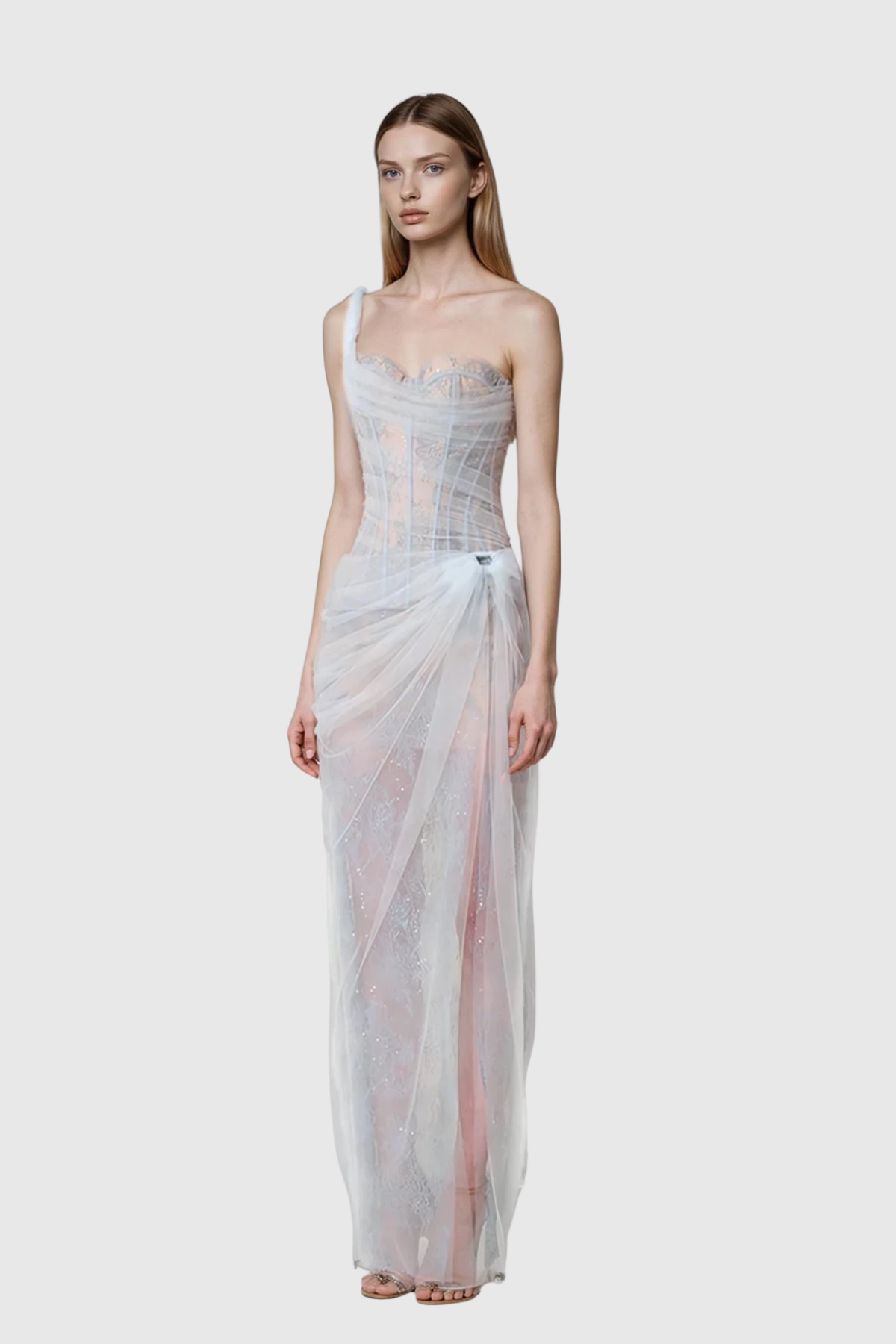 Dechen One Shoulder Corset Mesh Maxi Dress In Blue 4
