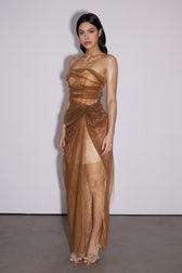 Dechen One Shoulder Corset Mesh Maxi Dress In Brown 3