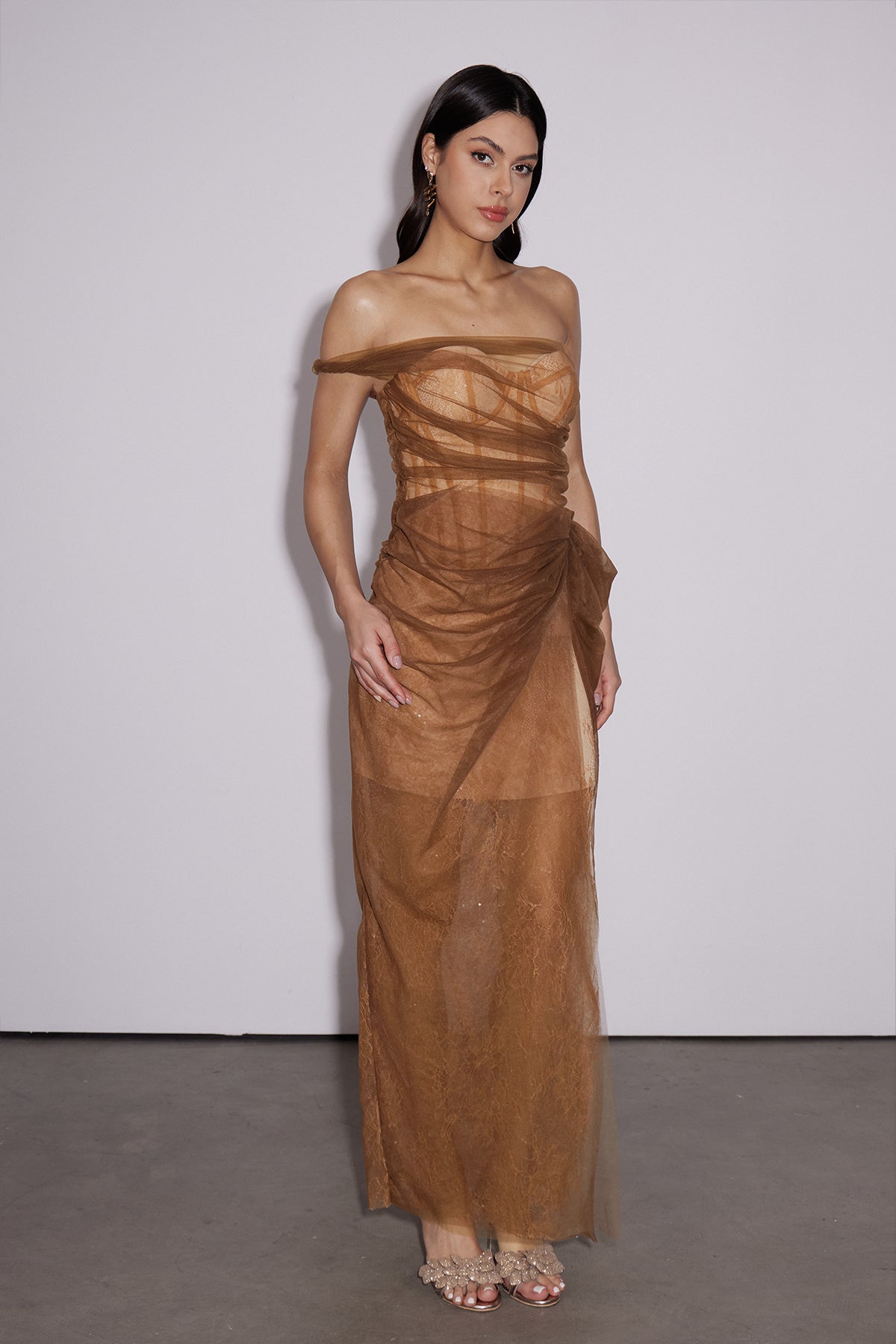 Dechen One Shoulder Corset Mesh Maxi Dress In Brown 2
