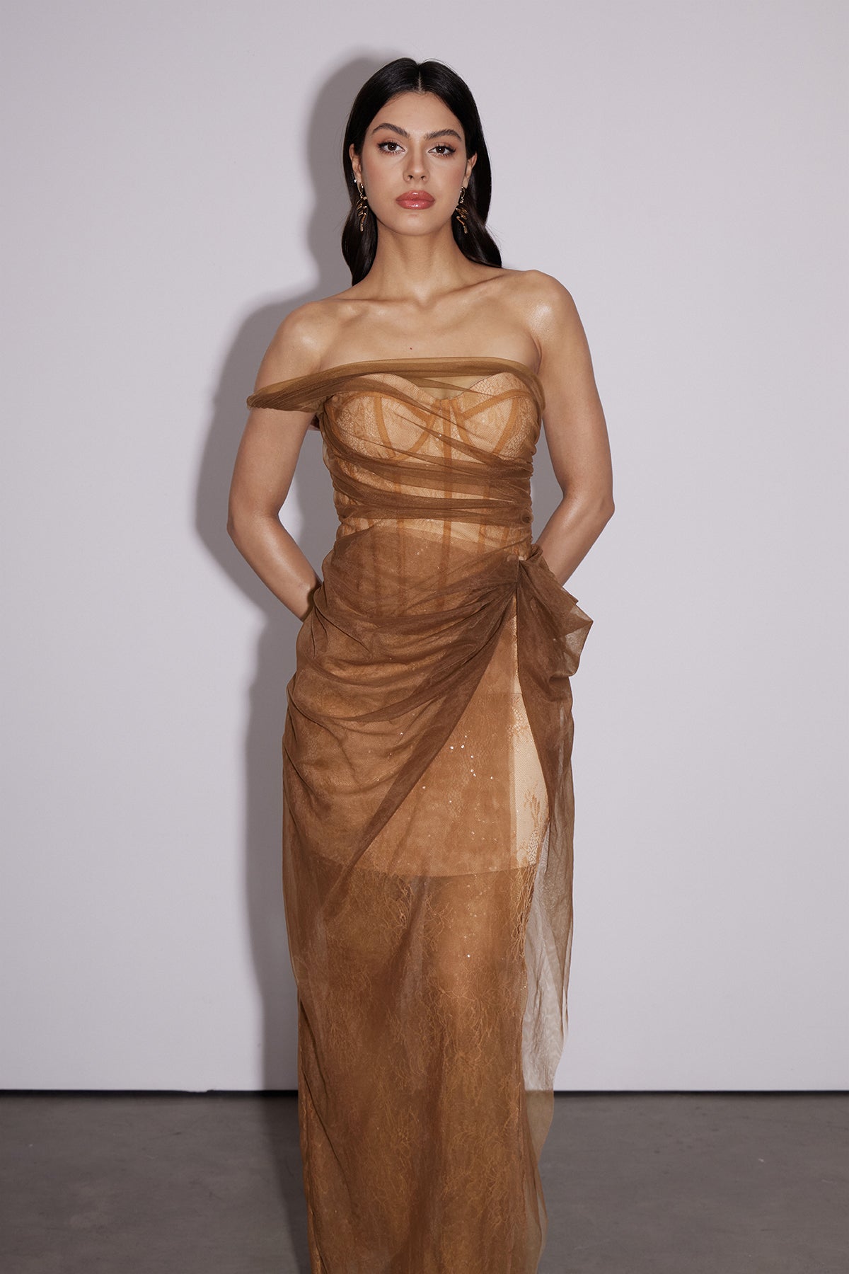 Dechen One Shoulder Corset Mesh Maxi Dress In Brown 5