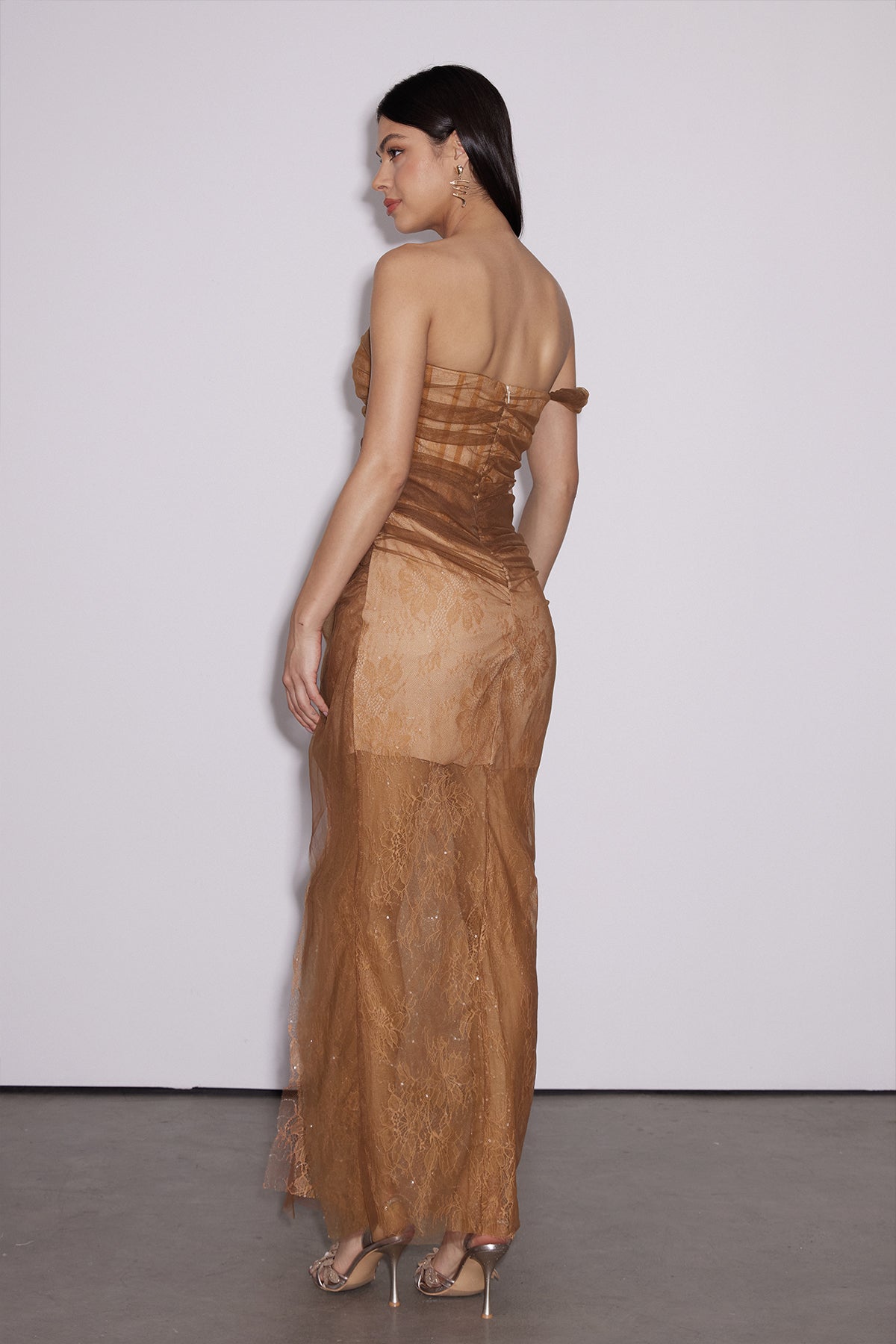 Dechen One Shoulder Corset Mesh Maxi Dress In Brown 4
