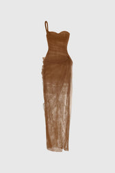 Dechen One Shoulder Corset Mesh Maxi Dress In Brown 6