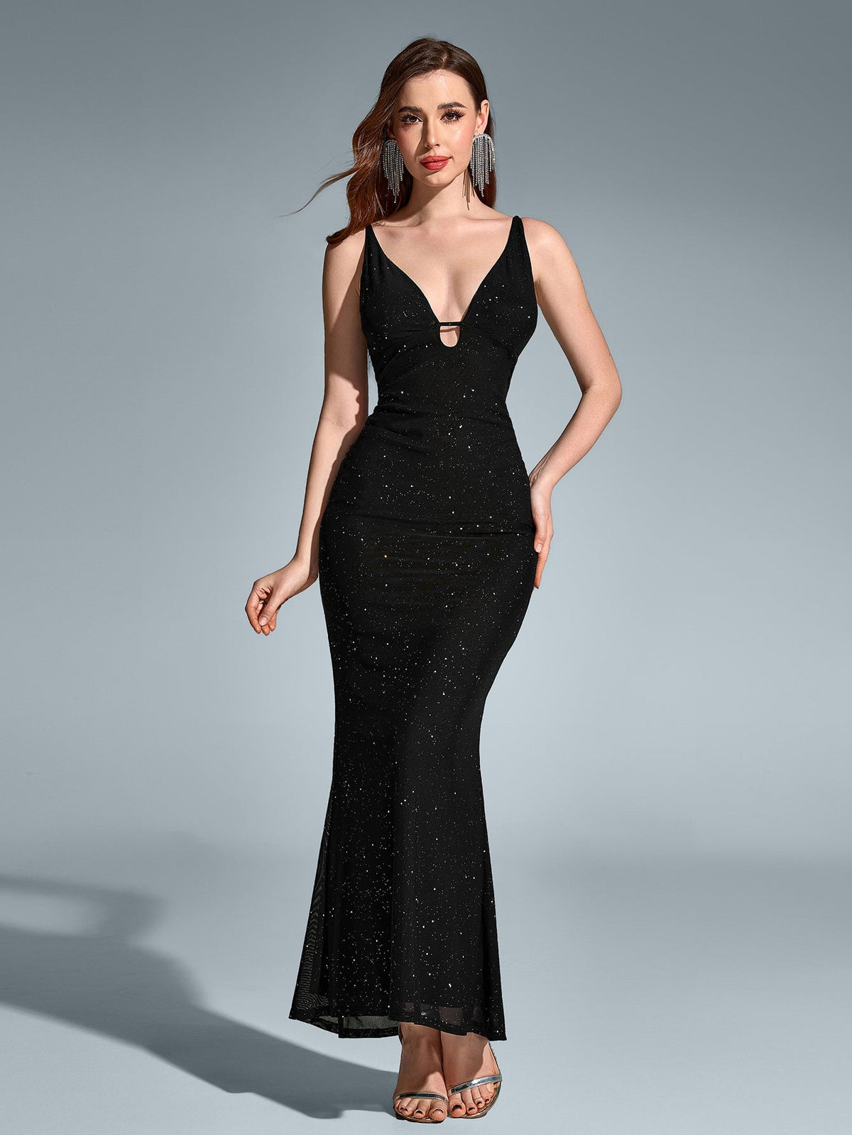 Glitter Mesh Deep V-Neck Sleeveless Mermaid Maxi Dress