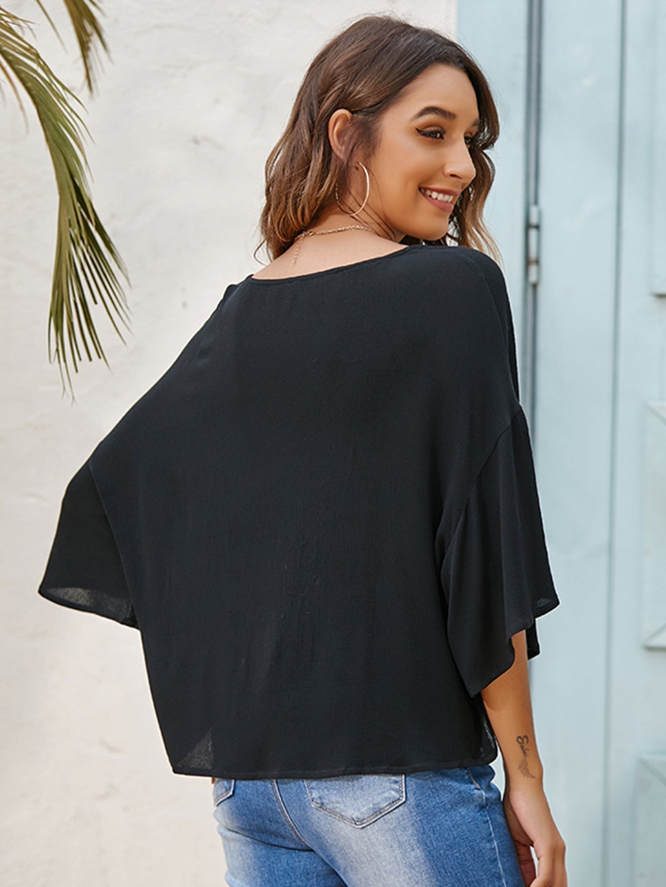 Deep V Neck Knot Front Batwing Sleeve Tee Shirt