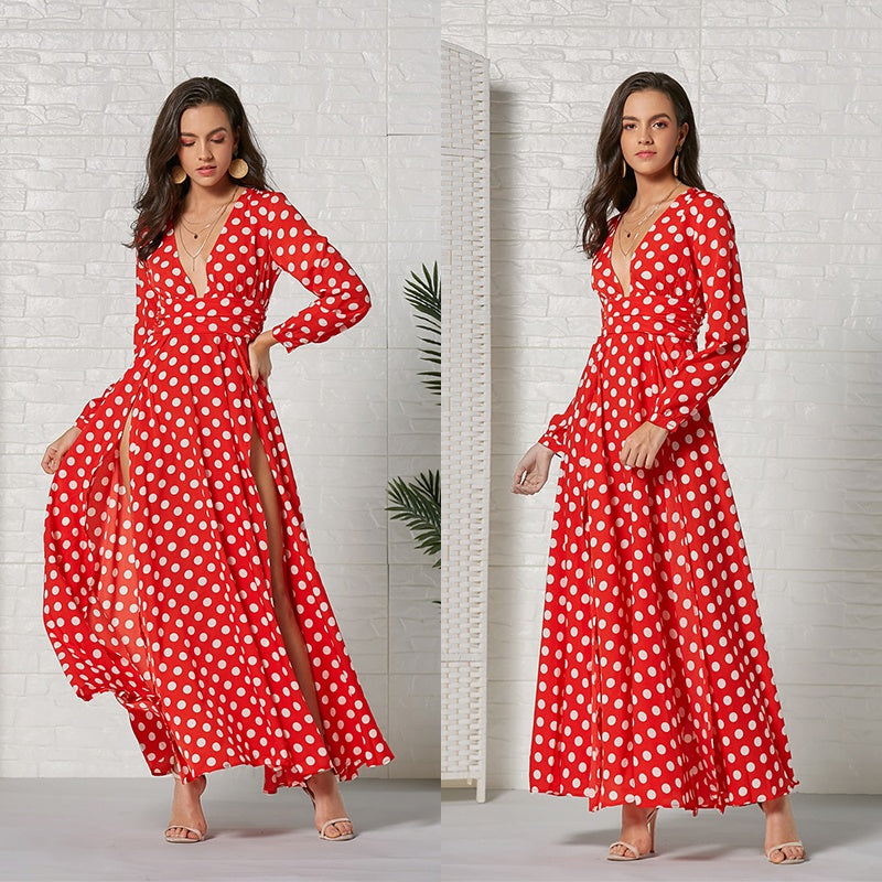 Deep V Neck Long Sleeve Dresses Dot Print Large Swing Slit Hem Dress