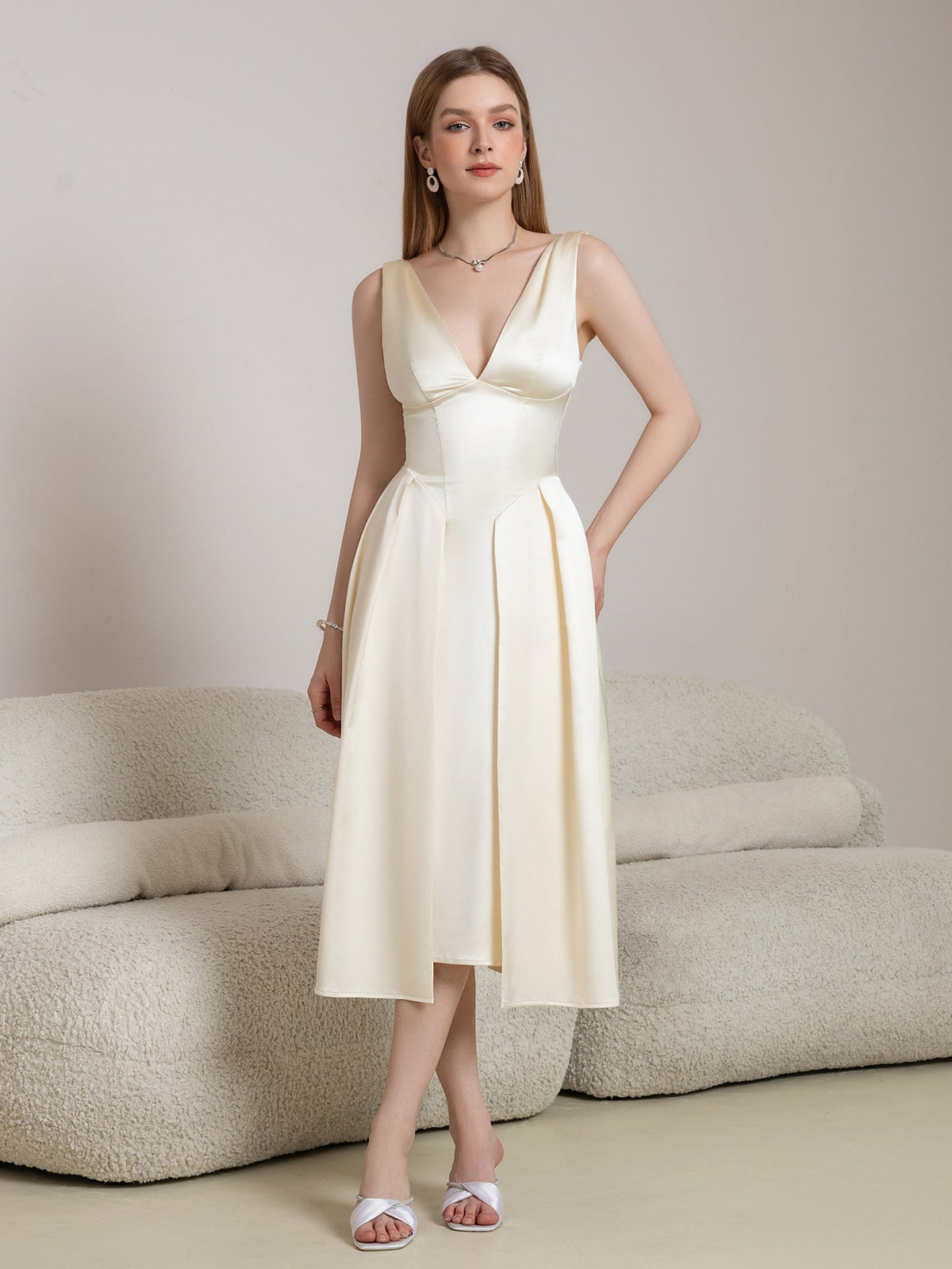 Satin Deep V-Neck Sleeveless Corset Waist Pleated A-Line Midi Dress 5