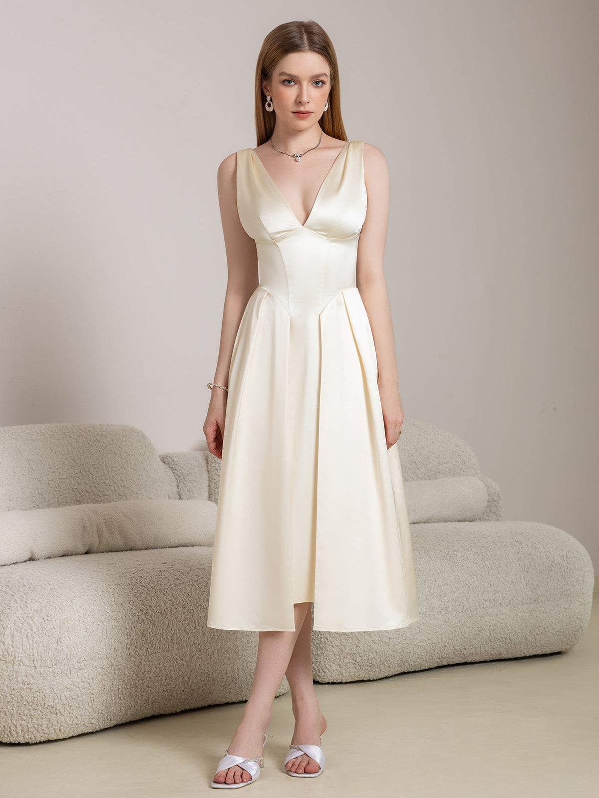 Satin Deep V-Neck Sleeveless Corset Waist Pleated A-Line Midi Dress