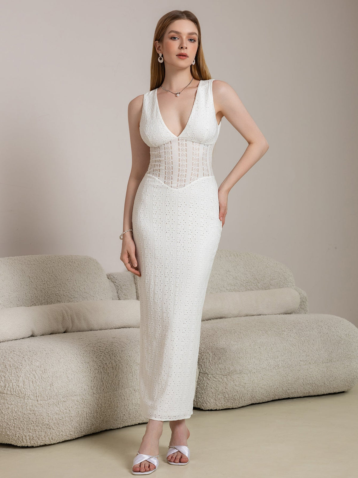 Deep V-Neck Sleeveless Eyelet Lace Corset Waist Bodycon Maxi Dress
