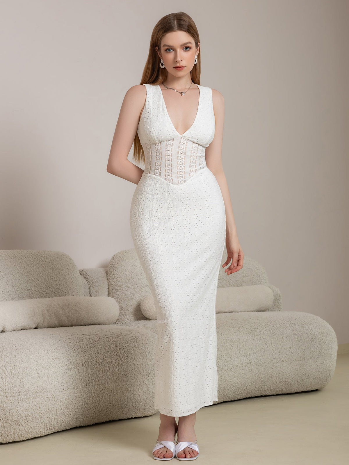 Deep V-Neck Sleeveless Eyelet Lace Corset Waist Bodycon Maxi Dress 6