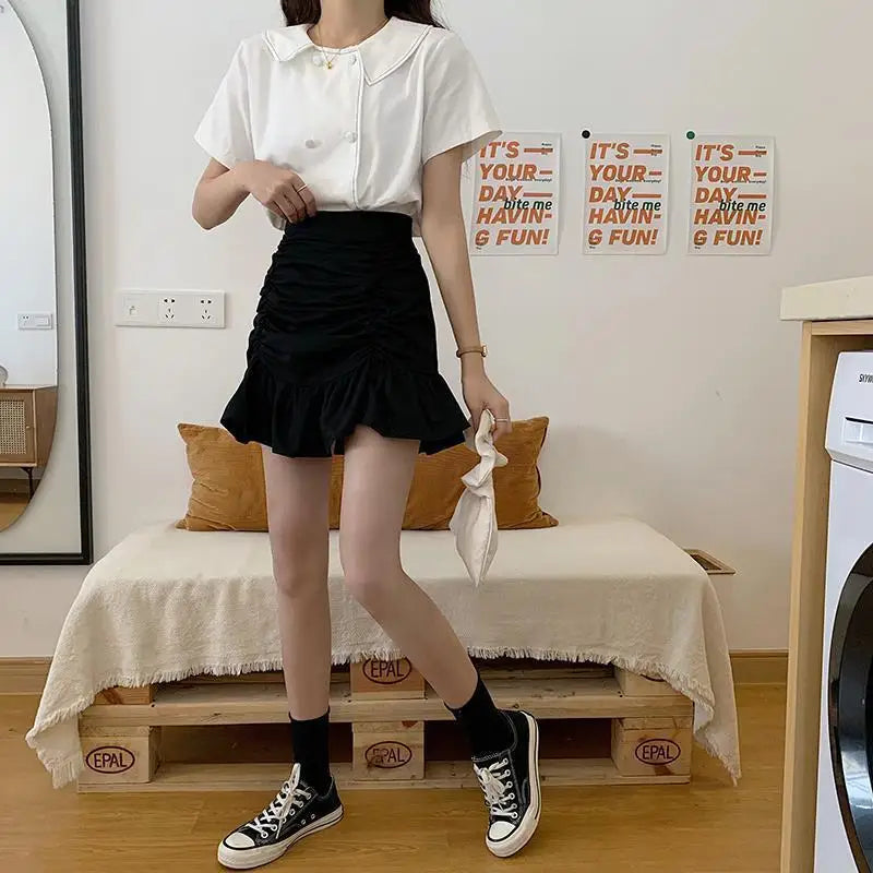 High Waist Ruched Front Ruffle Hem Bodycon Mini Skirt 6