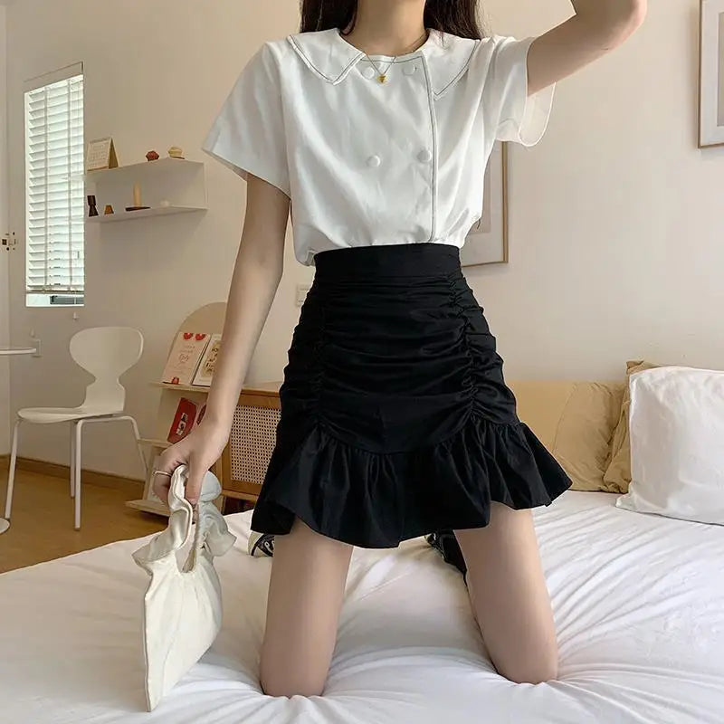 High Waist Ruched Front Ruffle Hem Bodycon Mini Skirt 4