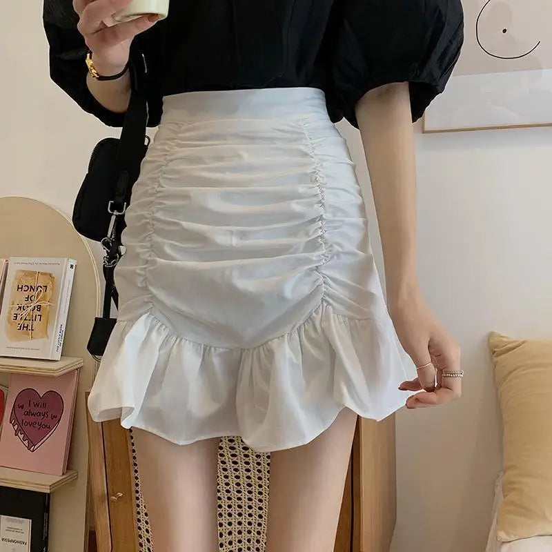 High Waist Ruched Front Ruffle Hem Bodycon Mini Skirt 2